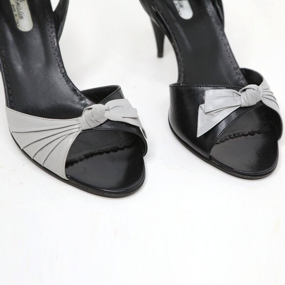 Vintage Cristin Leather Black Grey Two-Tone Ankle Strap Peep-Toe Sandals Pumps - Picture 3 of 14